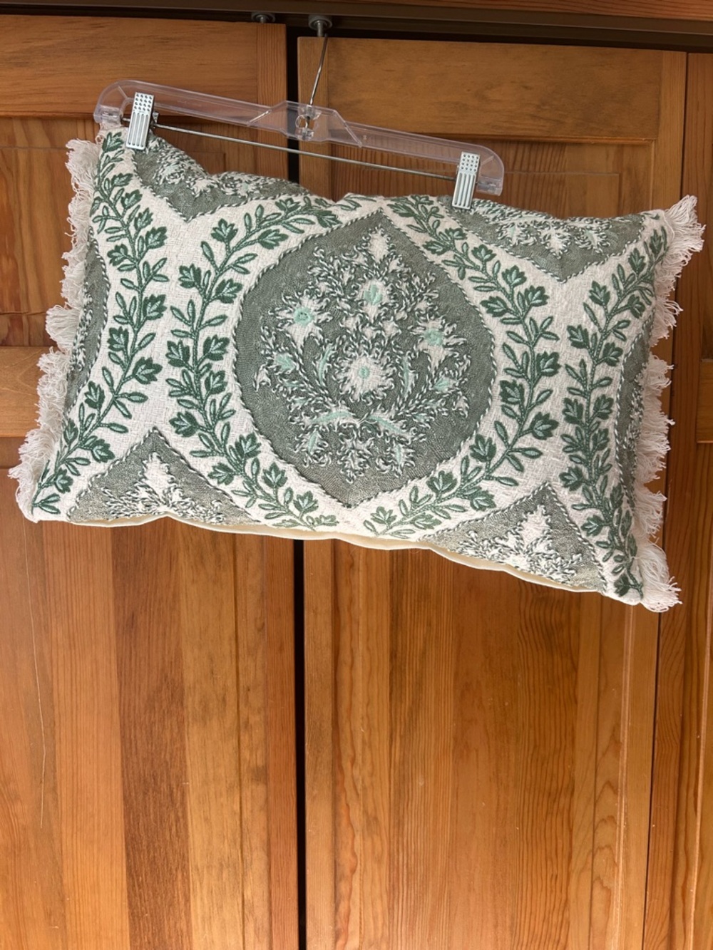 White and Sage Green Embroidered Decorative Pillow